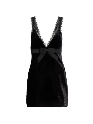 Ronny Kobo Women's Emmi Lace-Trim Bow Velvet Minidress - Black | Thumbnail 1 Ronny Kobo Women's Emmi Lace-Trim Bow Velvet Minidress - Black | Thumbnail 1