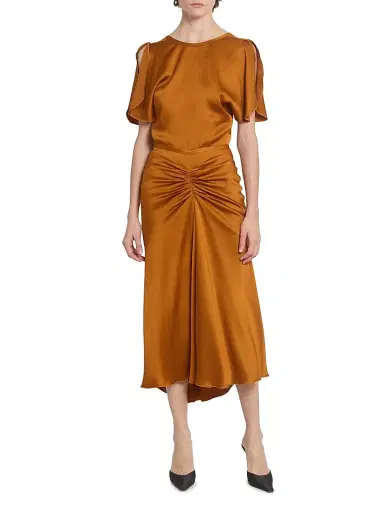 Victoria Beckham Women's Gathered Satin Midi-Skirt - Bronze | Thumbnail 2 Victoria Beckham Women's Gathered Satin Midi-Skirt - Bronze | Thumbnail 2