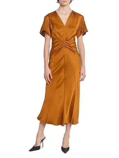 Victoria Beckham Women's Gathered V-Neck Midi-Dress - Bronze | Thumbnail 2 Victoria Beckham Women's Gathered V-Neck Midi-Dress - Bronze | Thumbnail 2
