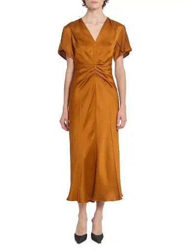 Victoria Beckham Women's Gathered V-Neck Midi-Dress - Bronze | Thumbnail 3 Victoria Beckham Women's Gathered V-Neck Midi-Dress - Bronze | Thumbnail 3