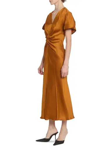 Victoria Beckham Women's Gathered V-Neck Midi-Dress - Bronze | Thumbnail 4 Victoria Beckham Women's Gathered V-Neck Midi-Dress - Bronze | Thumbnail 4