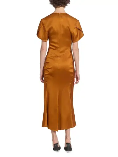 Victoria Beckham Women's Gathered V-Neck Midi-Dress - Bronze | Thumbnail 5 Victoria Beckham Women's Gathered V-Neck Midi-Dress - Bronze | Thumbnail 5