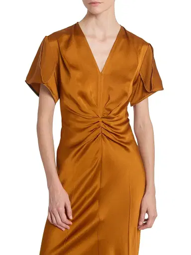 Victoria Beckham Women's Gathered V-Neck Midi-Dress - Bronze | Thumbnail 6 Victoria Beckham Women's Gathered V-Neck Midi-Dress - Bronze | Thumbnail 6