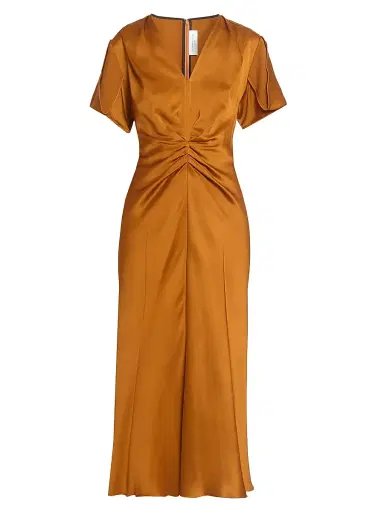 Victoria Beckham Women's Gathered V-Neck Midi-Dress - Bronze | Thumbnail 1 Victoria Beckham Women's Gathered V-Neck Midi-Dress - Bronze | Thumbnail 1