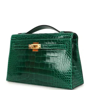 HERMÈS Hermes Kelly Pochette Vert Emeraude Shiny Alligator Mississippiensis Gold Hardware | Thumbnail 2 HERMÈS Hermes Kelly Pochette Vert Emeraude Shiny Alligator Mississippiensis Gold Hardware | Thumbnail 2