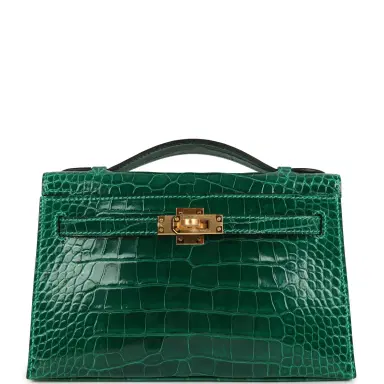 HERMÈS Hermes Kelly Pochette Vert Emeraude Shiny Alligator Mississippiensis Gold Hardware | Thumbnail 1 HERMÈS Hermes Kelly Pochette Vert Emeraude Shiny Alligator Mississippiensis Gold Hardware | Thumbnail 1