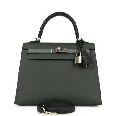 HERMÈS Hermes Kelly Sellier 25 Tri-Color Black, Vert Amande and Vert Mangrove Epsom Palladium Hardware | Thumbnail 1 HERMÈS Hermes Kelly Sellier 25 Tri-Color Black, Vert Amande and Vert Mangrove Epsom Palladium Hardware | Thumbnail 1