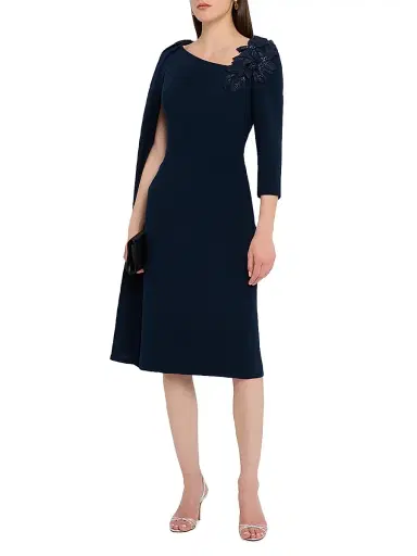 Teri Jon by Rickie Freeman Women's Cape-Sleeve Crepe Asymmetric Knee-Length Dress | Thumbnail 3 Teri Jon by Rickie Freeman Women's Cape-Sleeve Crepe Asymmetric Knee-Length Dress | Thumbnail 3