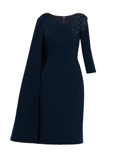 Teri Jon by Rickie Freeman Women's Cape-Sleeve Crepe Asymmetric Knee-Length Dress | Thumbnail 1 Teri Jon by Rickie Freeman Women's Cape-Sleeve Crepe Asymmetric Knee-Length Dress | Thumbnail 1