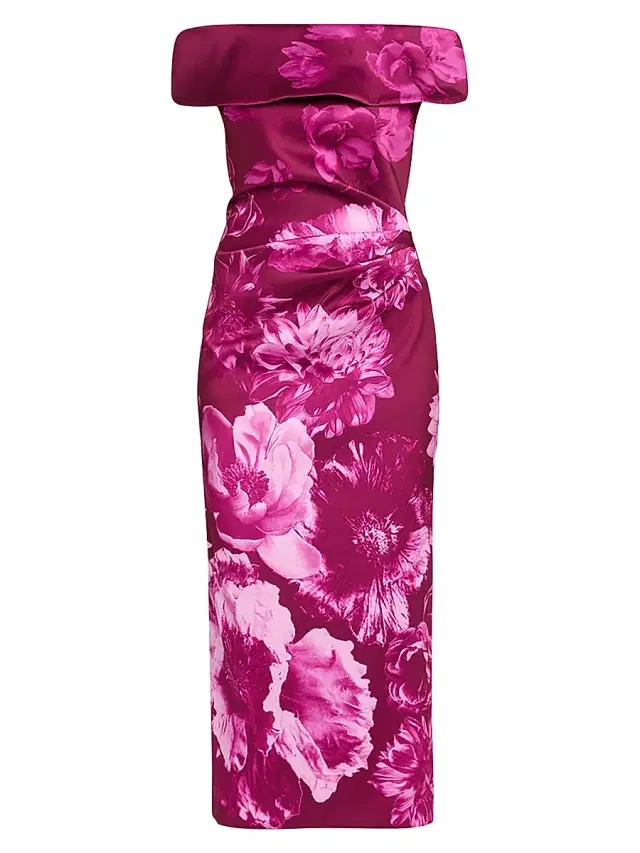 Women's Ruched Floral Off-The-Shoulder Midi-Dress - Dark Pink Women's Ruched Floral Off-The-Shoulder Midi-Dress - Dark Pink