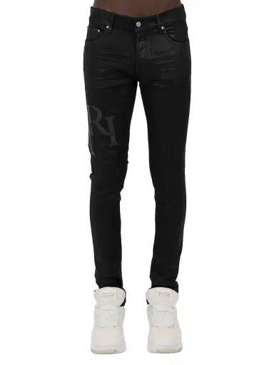 AMIRI Men's Staggered Logo Waxed Skinny Jeans | Thumbnail 1 AMIRI Men's Staggered Logo Waxed Skinny Jeans | Thumbnail 1