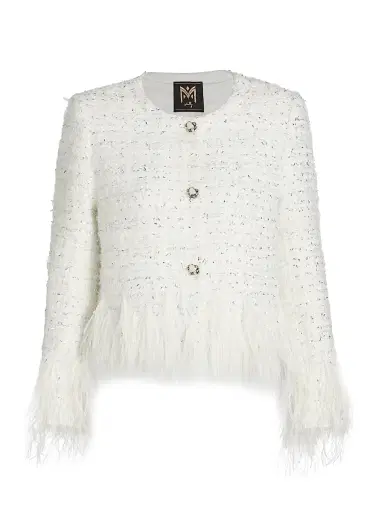 Milly Women's Richele Metallic Tweed Fringed-Trim Jacket - White Silver | Thumbnail 1 Milly Women's Richele Metallic Tweed Fringed-Trim Jacket - White Silver | Thumbnail 1