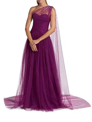 PAMELLA ROLAND Women's Embellished Tulle One-Shoulder Gown - Magenta | Thumbnail 2 PAMELLA ROLAND Women's Embellished Tulle One-Shoulder Gown - Magenta | Thumbnail 2