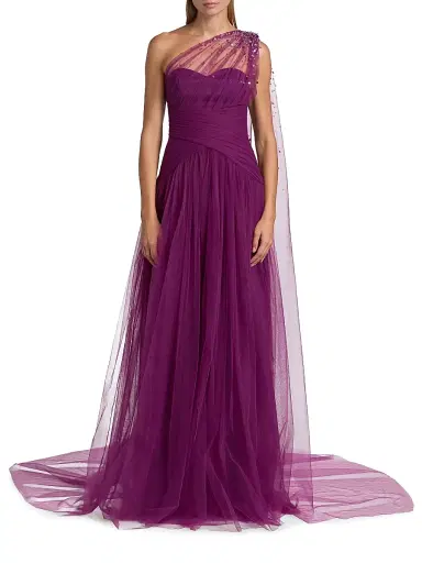 PAMELLA ROLAND Women's Embellished Tulle One-Shoulder Gown - Magenta | Thumbnail 3 PAMELLA ROLAND Women's Embellished Tulle One-Shoulder Gown - Magenta | Thumbnail 3