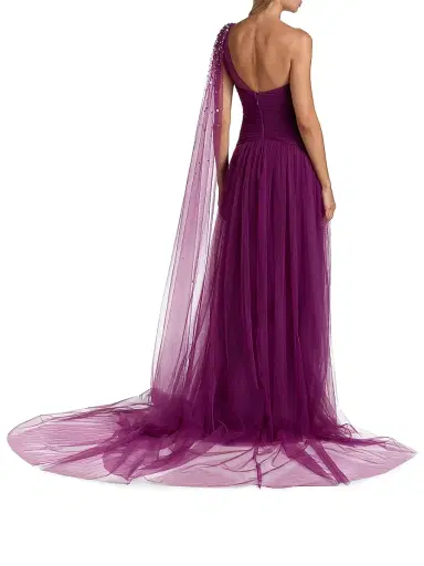 PAMELLA ROLAND Women's Embellished Tulle One-Shoulder Gown - Magenta | Thumbnail 5 PAMELLA ROLAND Women's Embellished Tulle One-Shoulder Gown - Magenta | Thumbnail 5