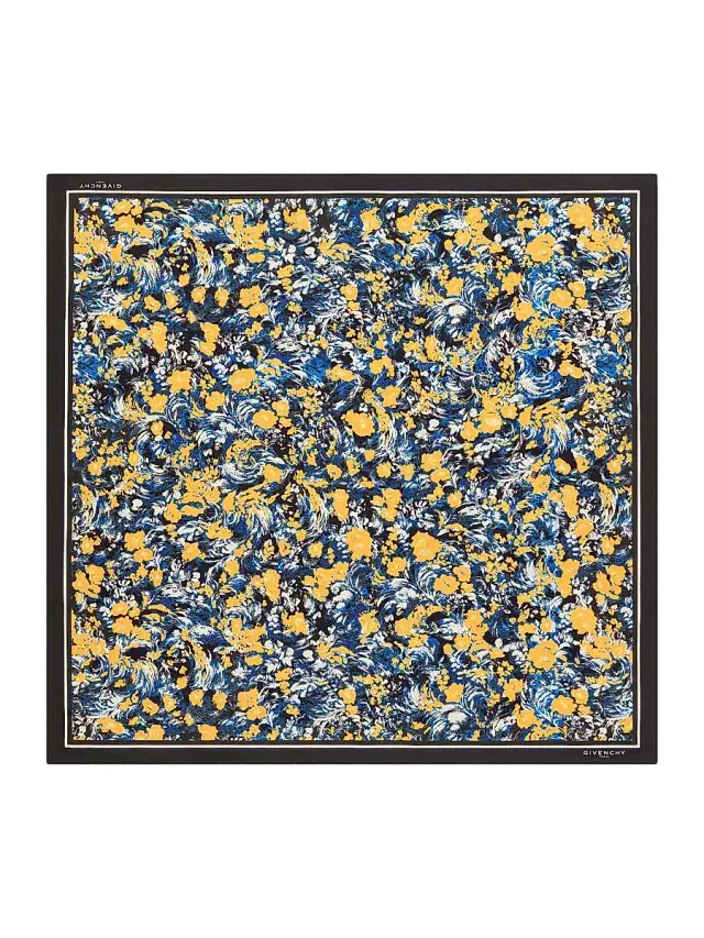 Women's Square in Silk with Floral Print - Navy Yellow Women's Square in Silk with Floral Print - Navy Yellow
