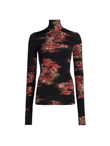 Ganni Women's Floral Stretch Jersey Turtleneck Top - Black | Thumbnail 1 Ganni Women's Floral Stretch Jersey Turtleneck Top - Black | Thumbnail 1