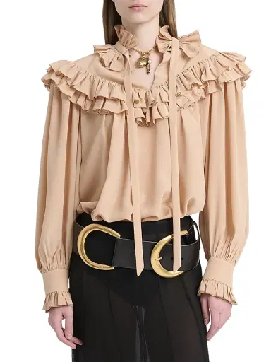 Chloé Women's Ruffle-Yoke Silk Blouse - Light Brown | Thumbnail 3 Chloé Women's Ruffle-Yoke Silk Blouse - Light Brown | Thumbnail 3