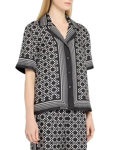 SIMKHAI Women's Koda Geometric Satin Camp Shirt - Black | Thumbnail 3 SIMKHAI Women's Koda Geometric Satin Camp Shirt - Black | Thumbnail 3