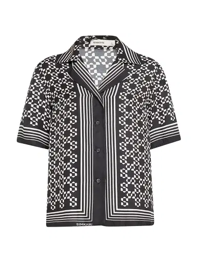 SIMKHAI Women's Koda Geometric Satin Camp Shirt - Black | Thumbnail 1 SIMKHAI Women's Koda Geometric Satin Camp Shirt - Black | Thumbnail 1