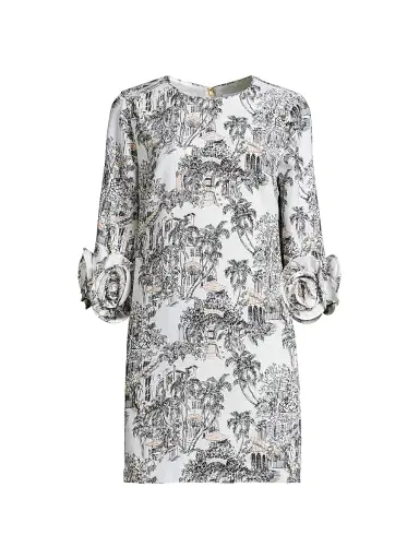Lilly Pulitzer Women's Lu Rosette-Cuff Toile Crêpe Minidress - Coconut Toile | Thumbnail 1 Lilly Pulitzer Women's Lu Rosette-Cuff Toile Crêpe Minidress - Coconut Toile | Thumbnail 1
