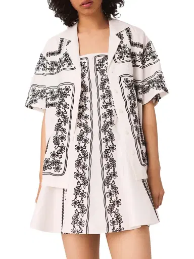 Maje Women's Short Sleeved Embroidered Shirt - Ecru Black | Thumbnail 2 Maje Women's Short Sleeved Embroidered Shirt - Ecru Black | Thumbnail 2