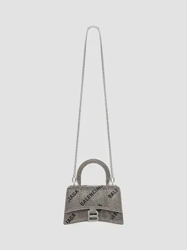 Balenciaga Women's Hourglass XS Handbag With Chain And Allover Logo Rhinestones - Silver Black | Thumbnail 4 Balenciaga Women's Hourglass XS Handbag With Chain And Allover Logo Rhinestones - Silver Black | Thumbnail 4