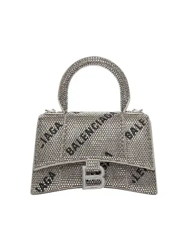 Balenciaga Women's Hourglass XS Handbag With Chain And Allover Logo Rhinestones - Silver Black | Thumbnail 1 Balenciaga Women's Hourglass XS Handbag With Chain And Allover Logo Rhinestones - Silver Black | Thumbnail 1