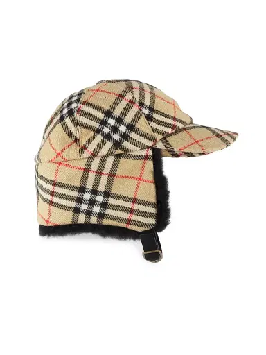 Burberry Men's Shearling-Trimmed Check Wool Trapper Hat - Sand Ip Check | Thumbnail 2 Burberry Men's Shearling-Trimmed Check Wool Trapper Hat - Sand Ip Check | Thumbnail 2