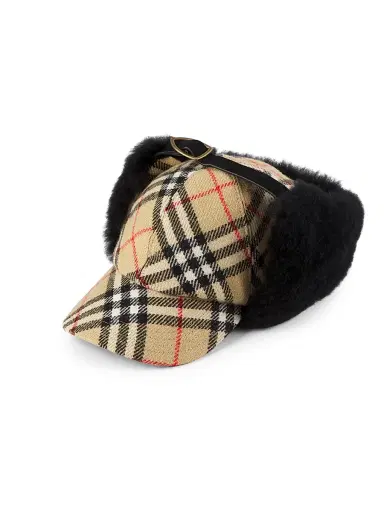 Burberry Men's Shearling-Trimmed Check Wool Trapper Hat - Sand Ip Check | Thumbnail 3 Burberry Men's Shearling-Trimmed Check Wool Trapper Hat - Sand Ip Check | Thumbnail 3