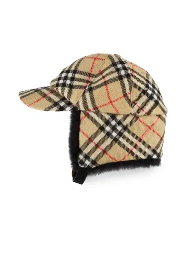 Burberry Men's Shearling-Trimmed Check Wool Trapper Hat - Sand Ip Check | Thumbnail 1 Burberry Men's Shearling-Trimmed Check Wool Trapper Hat - Sand Ip Check | Thumbnail 1