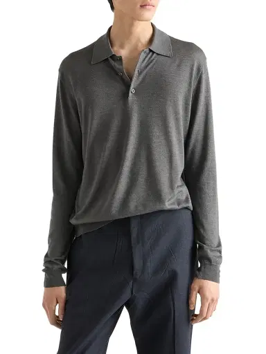 Prada Men's Cashmere and Silk Polo Shirt - Grey | Thumbnail 2 Prada Men's Cashmere and Silk Polo Shirt - Grey | Thumbnail 2