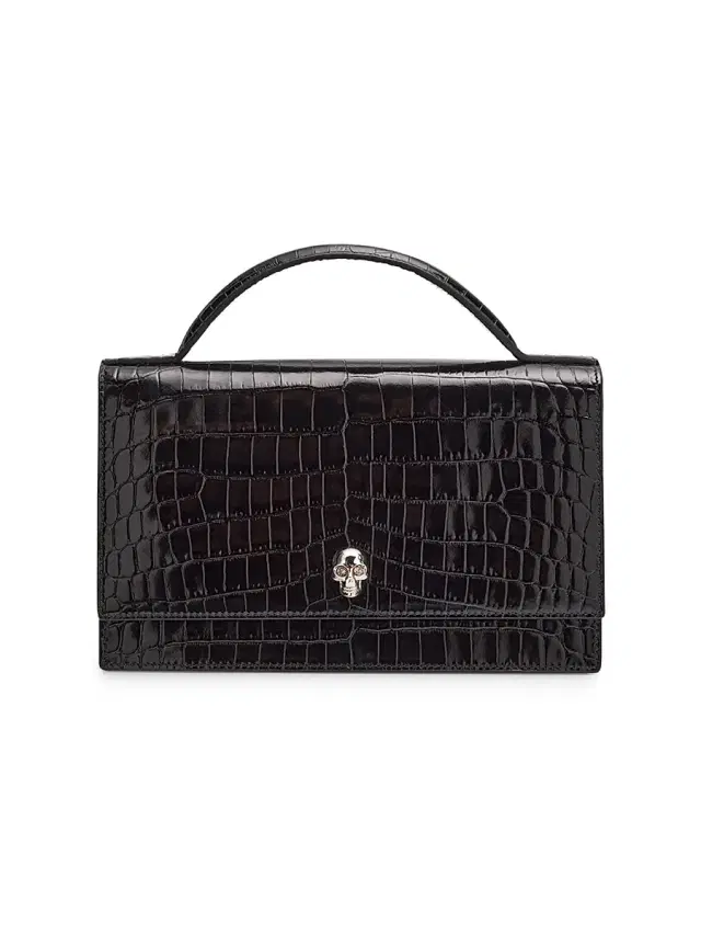 Women's Croc-Embossed Leather Top Handle Bag - Black Women's Croc-Embossed Leather Top Handle Bag - Black
