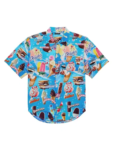 Balenciaga Men's Sweet Treat Short Sleeve Minimal Shirt - Blue Multi - Size 44 | Thumbnail 1 Balenciaga Men's Sweet Treat Short Sleeve Minimal Shirt - Blue Multi - Size 44 | Thumbnail 1