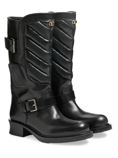 Valentino Garavani Women's Rayons 40MM Biker Boots in Calfskin and Nappa Leather with Chevron Pattern | Thumbnail 3 Valentino Garavani Women's Rayons 40MM Biker Boots in Calfskin and Nappa Leather with Chevron Pattern | Thumbnail 3