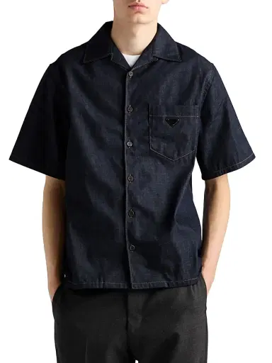 Prada Men's Denim Bowling Shirt - Blue | Thumbnail 2 Prada Men's Denim Bowling Shirt - Blue | Thumbnail 2