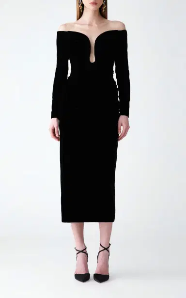 Carolina Herrera Ruched Off-The-Shoulder Stretch Velvet Midi Dress | Thumbnail 3 Carolina Herrera Ruched Off-The-Shoulder Stretch Velvet Midi Dress | Thumbnail 3