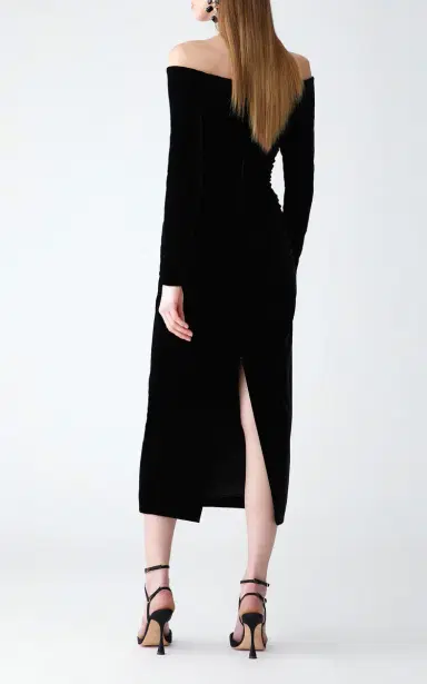 Carolina Herrera Ruched Off-The-Shoulder Stretch Velvet Midi Dress | Thumbnail 4 Carolina Herrera Ruched Off-The-Shoulder Stretch Velvet Midi Dress | Thumbnail 4