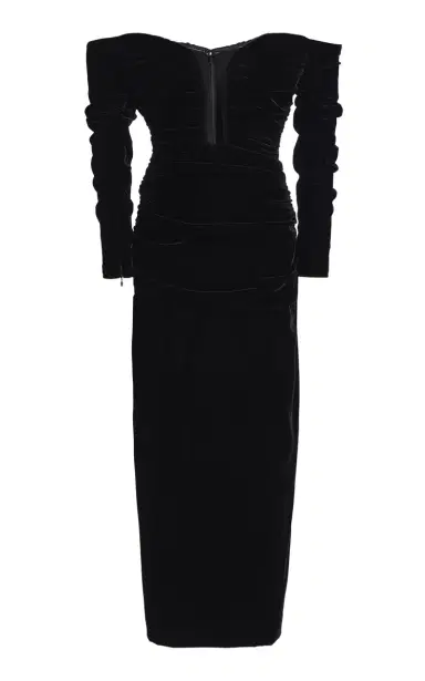 Carolina Herrera Ruched Off-The-Shoulder Stretch Velvet Midi Dress | Thumbnail 7 Carolina Herrera Ruched Off-The-Shoulder Stretch Velvet Midi Dress | Thumbnail 7