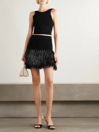 Aje Agave Fringed Raffia-trimmed Ribbed-knit Mini Skirt | Thumbnail 2 Aje Agave Fringed Raffia-trimmed Ribbed-knit Mini Skirt | Thumbnail 2