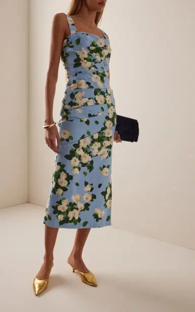 Carolina Herrera Draped Painted Rose Cotton-Blend Midi Dress | Thumbnail 2 Carolina Herrera Draped Painted Rose Cotton-Blend Midi Dress | Thumbnail 2
