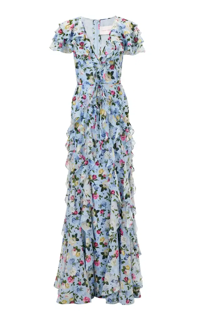 Ruffled Garden Floral Silk-Chiffon Gown Ruffled Garden Floral Silk-Chiffon Gown