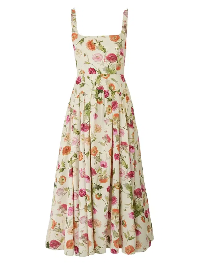 Women's Floral Stretch Cotton Dropped-Waist Midi-Dress - Almond Multi Women's Floral Stretch Cotton Dropped-Waist Midi-Dress - Almond Multi