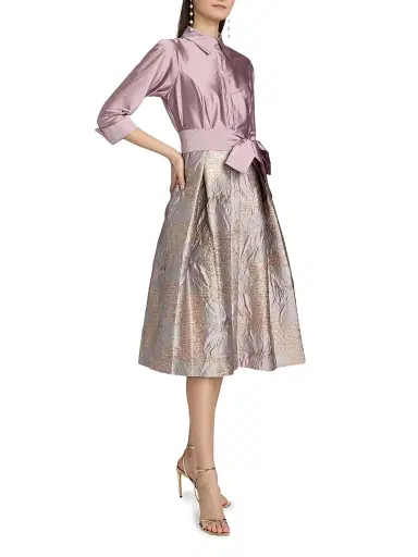 Teri Jon by Rickie Freeman Women's Taffeta Floral Jacquard Cocktail Shirtdress - Mauve Multi | Thumbnail 4 Teri Jon by Rickie Freeman Women's Taffeta Floral Jacquard Cocktail Shirtdress - Mauve Multi | Thumbnail 4