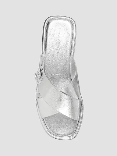 Tory Burch Women's Crisscross Metallic Leather Flat Sandals - Silver | Thumbnail 3 Tory Burch Women's Crisscross Metallic Leather Flat Sandals - Silver | Thumbnail 3