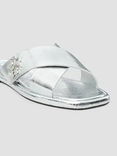 Tory Burch Women's Crisscross Metallic Leather Flat Sandals - Silver | Thumbnail 4 Tory Burch Women's Crisscross Metallic Leather Flat Sandals - Silver | Thumbnail 4
