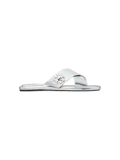 Tory Burch Women's Crisscross Metallic Leather Flat Sandals - Silver | Thumbnail 1 Tory Burch Women's Crisscross Metallic Leather Flat Sandals - Silver | Thumbnail 1
