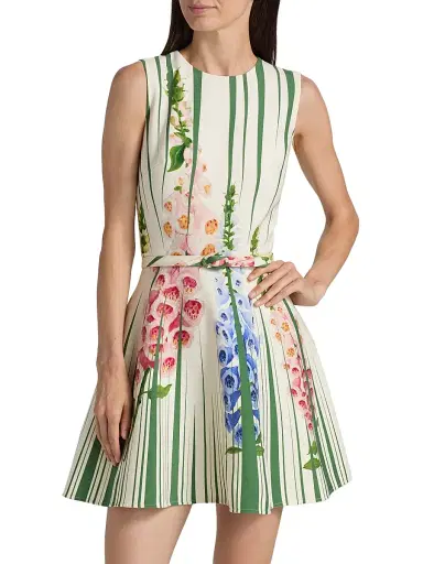 Oscar de la Renta Women's Pleated Foxgloves-Print Minidress - Green Multi | Thumbnail 3 Oscar de la Renta Women's Pleated Foxgloves-Print Minidress - Green Multi | Thumbnail 3