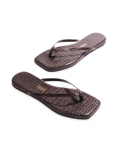 TKEES Women's Croc-Embossed Leather Flat Sandals - Carob Croc - Size 7 | Thumbnail 3 TKEES Women's Croc-Embossed Leather Flat Sandals - Carob Croc - Size 7 | Thumbnail 3