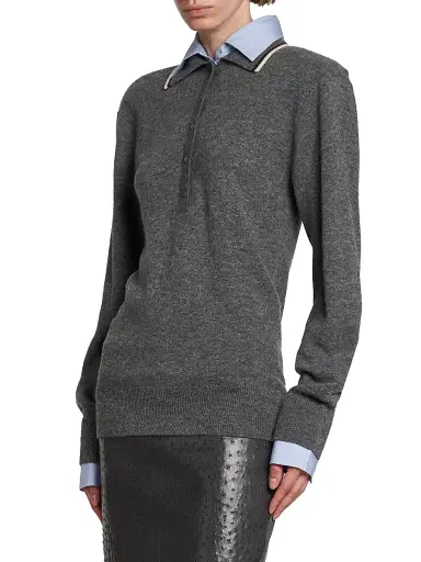 Stella McCartney Women's Mix Knit And Shirting Polo Shirt - Grey Melange | Thumbnail 4 Stella McCartney Women's Mix Knit And Shirting Polo Shirt - Grey Melange | Thumbnail 4